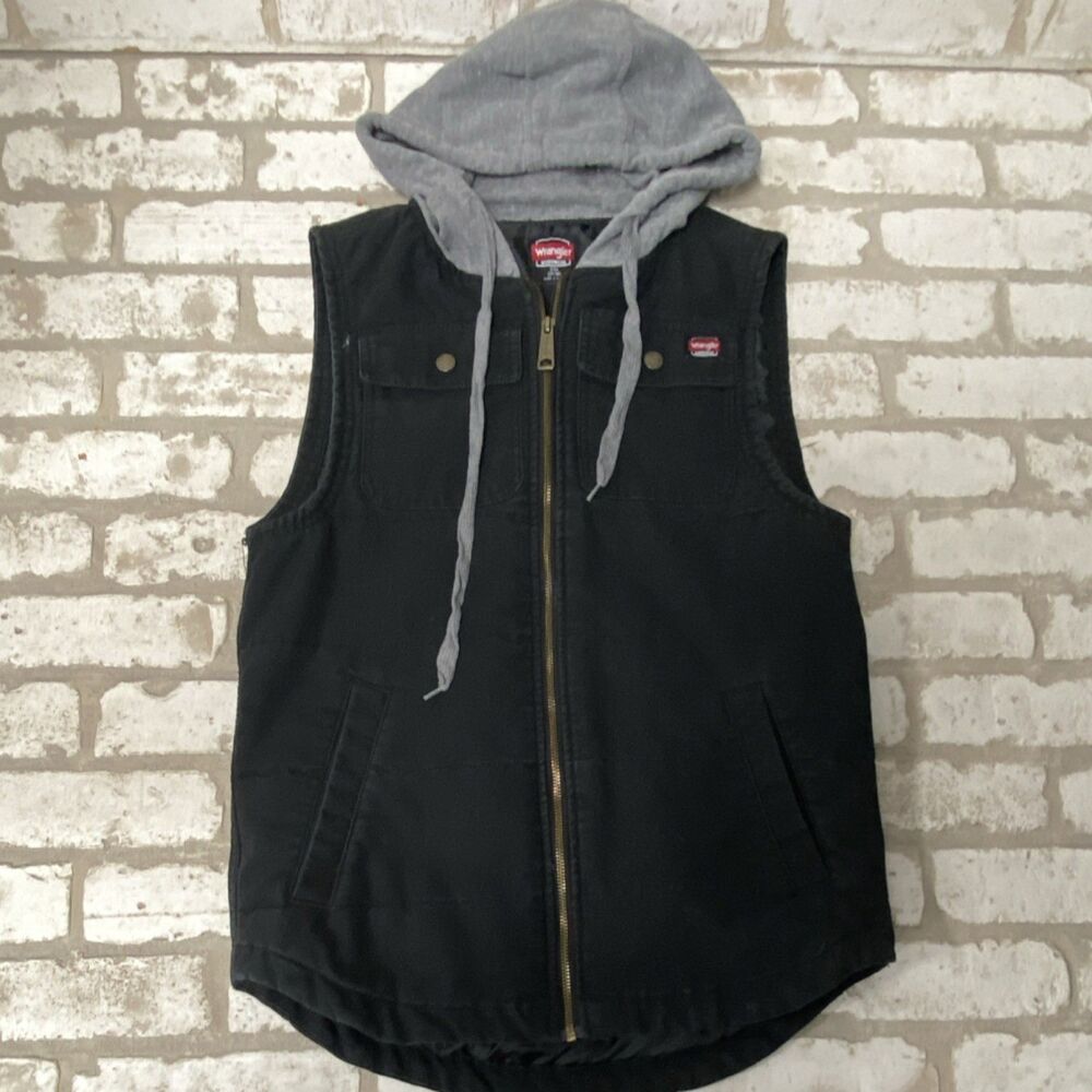 Wrangler Workwear Hooded Zip Front Vest Black Cotton Blend Size  Small Pockets